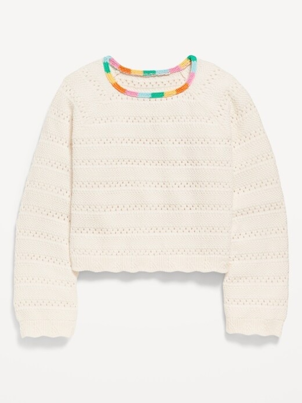 Old Navy cotton crochet pullover sweater with multi color trim